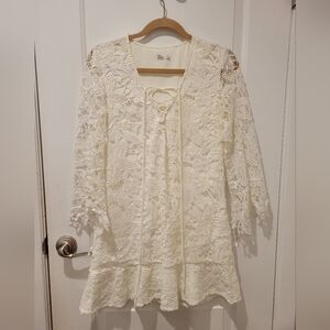 Love indie. White Crochet Lace Long Sleeve Festival Boho Mini Dress Small